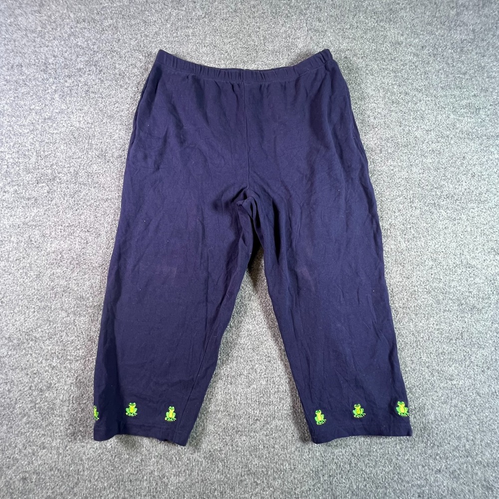 Quacker Factory Capri Pant Womens XL Blue Cotton Frog Hem Embroidery